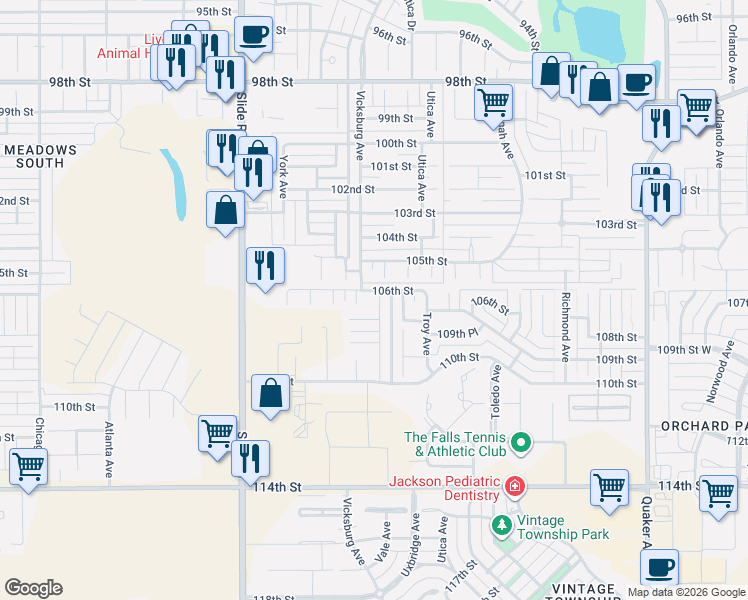 map of restaurants, bars, coffee shops, grocery stores, and more near 10505 Uxbridge Avenue in Lubbock