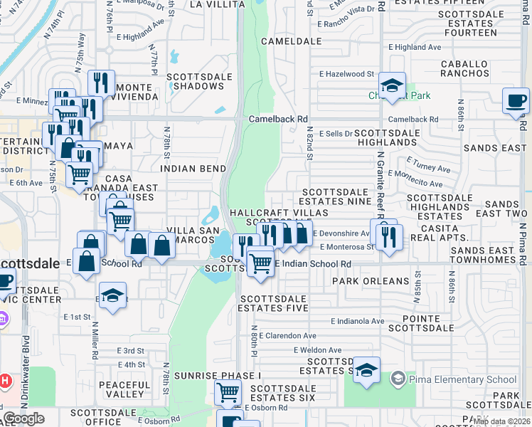 map of restaurants, bars, coffee shops, grocery stores, and more near 4289 North Hayden Road in Scottsdale