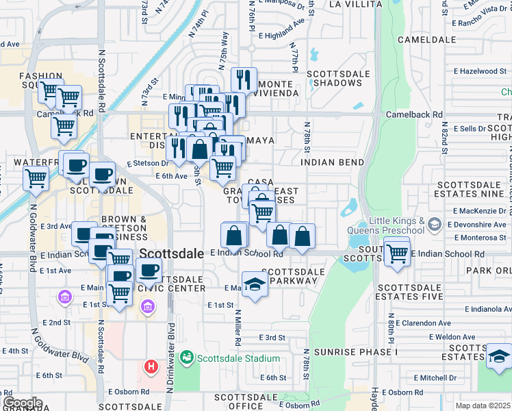 map of restaurants, bars, coffee shops, grocery stores, and more near 4273 North Miller Road in Scottsdale