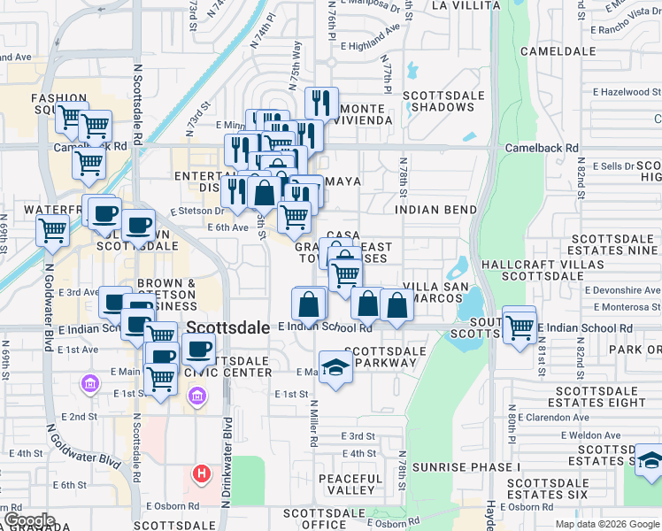 map of restaurants, bars, coffee shops, grocery stores, and more near 4273 North Miller Road in Scottsdale