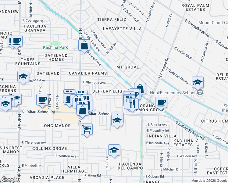 map of restaurants, bars, coffee shops, grocery stores, and more near 4605 East Glenrosa Avenue in Phoenix