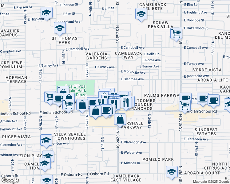 map of restaurants, bars, coffee shops, grocery stores, and more near 3139 East Glenrosa Avenue in Phoenix