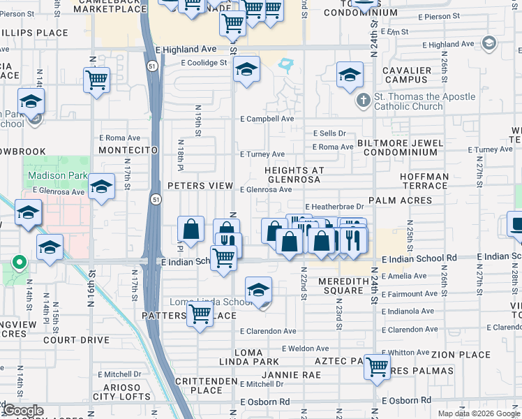 map of restaurants, bars, coffee shops, grocery stores, and more near 4225 North 21st Street in Phoenix