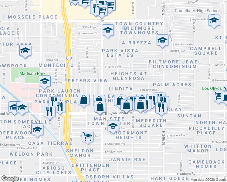 map of restaurants, bars, coffee shops, grocery stores, and more near 2019 East Glenrosa Avenue in Phoenix
