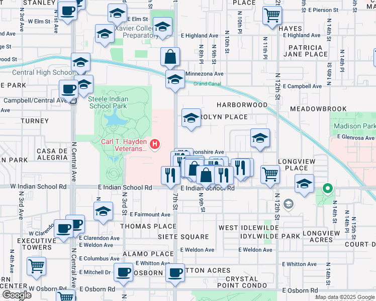 map of restaurants, bars, coffee shops, grocery stores, and more near 724 East Devonshire Avenue in Phoenix