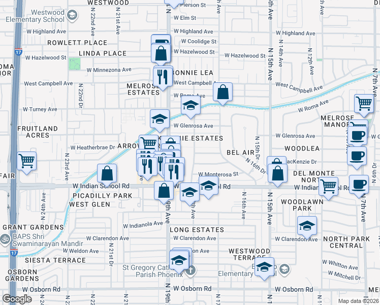 map of restaurants, bars, coffee shops, grocery stores, and more near 1803 West Heatherbrae Drive in Phoenix