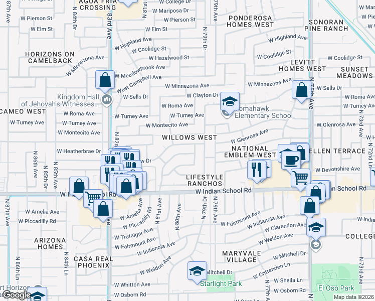 map of restaurants, bars, coffee shops, grocery stores, and more near 7966 West Heatherbrae Drive in Phoenix