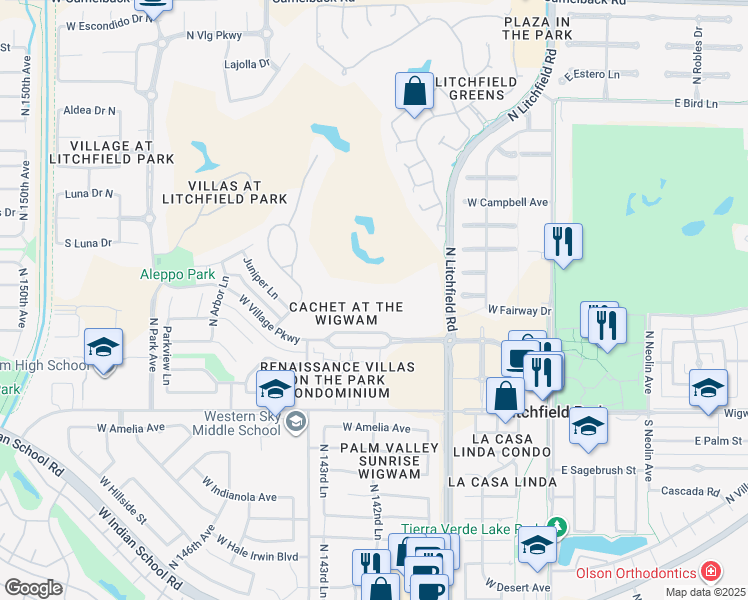 map of restaurants, bars, coffee shops, grocery stores, and more near 14200 West Village Parkway in Litchfield Park