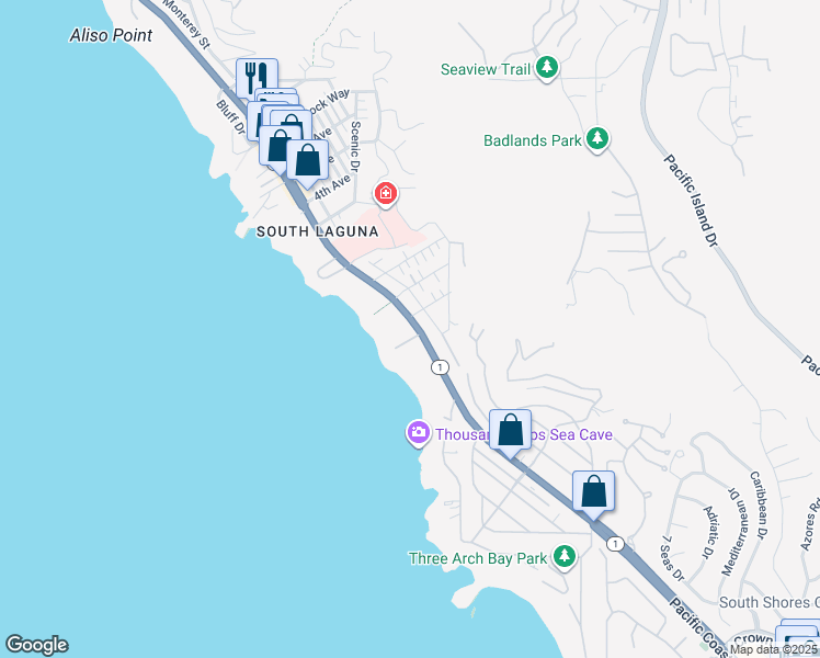 map of restaurants, bars, coffee shops, grocery stores, and more near 31985 Virginia Way in Laguna Beach