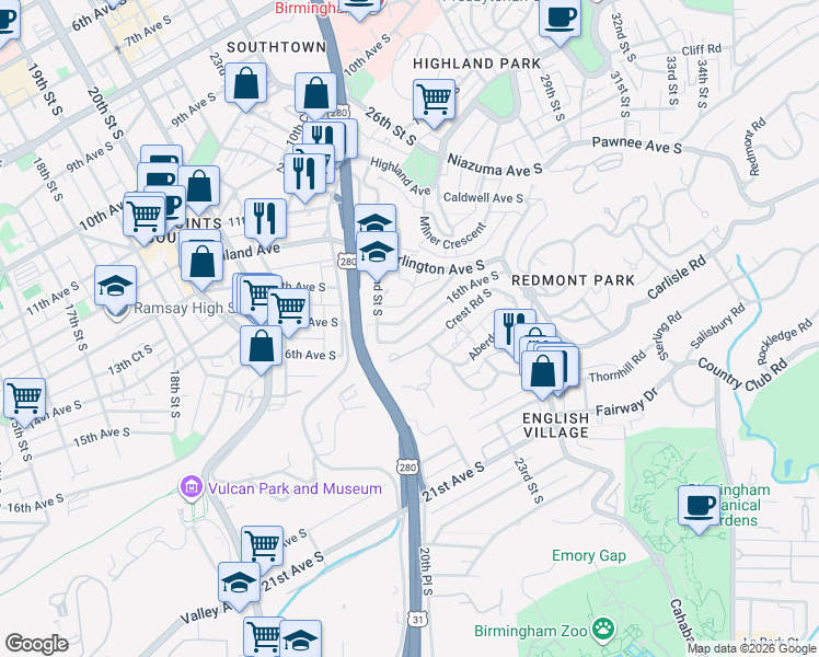 map of restaurants, bars, coffee shops, grocery stores, and more near 2422 Arlington Crescent in Birmingham