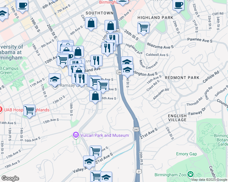 map of restaurants, bars, coffee shops, grocery stores, and more near 1412 21st Way South in Birmingham