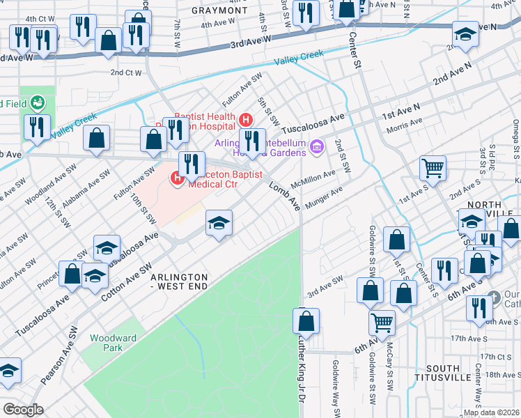 map of restaurants, bars, coffee shops, grocery stores, and more near 637 Cotton Avenue Southwest in Birmingham