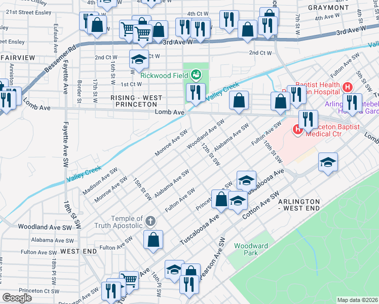 map of restaurants, bars, coffee shops, grocery stores, and more near 300 12th Street Southwest in Birmingham