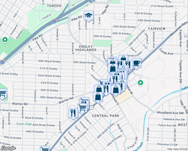 map of restaurants, bars, coffee shops, grocery stores, and more near 2100 30th Place West in Birmingham
