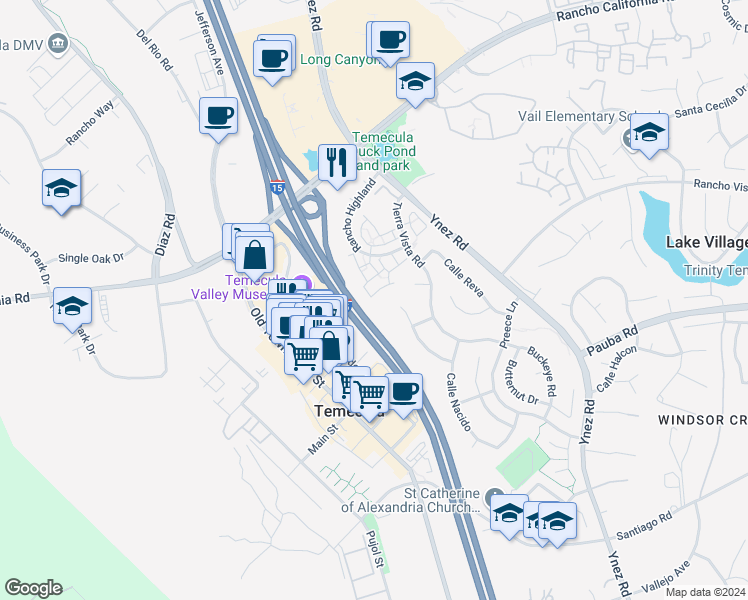 map of restaurants, bars, coffee shops, grocery stores, and more near 43148 Avenida Cielo in Temecula