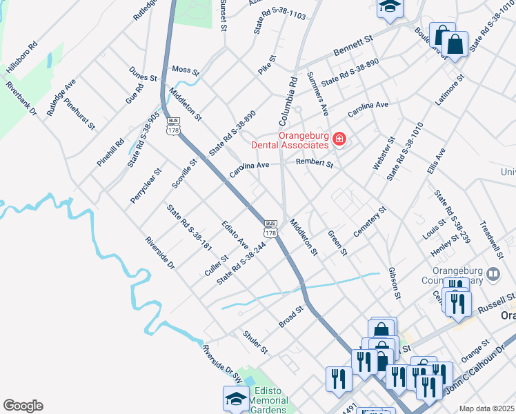 map of restaurants, bars, coffee shops, grocery stores, and more near 1882 Broughton Street in Orangeburg