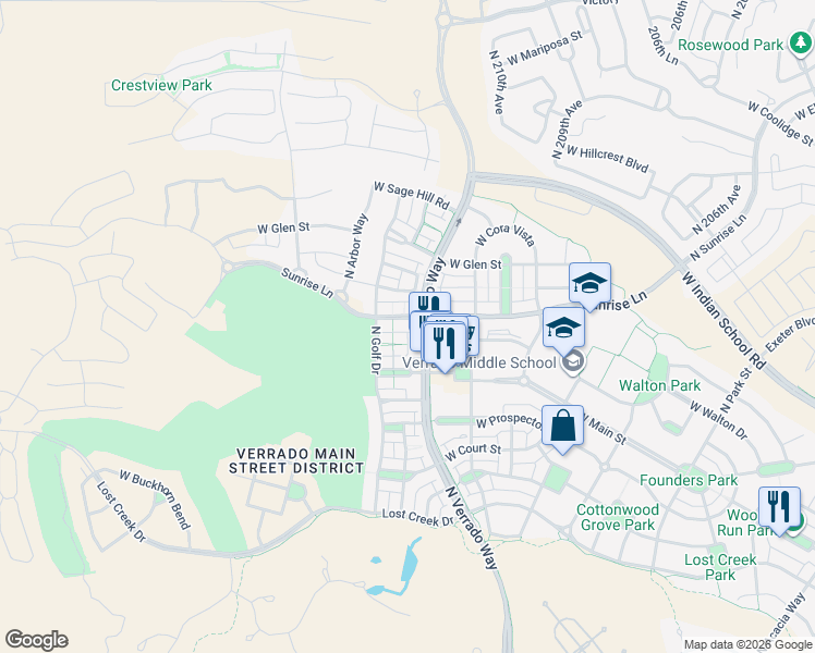map of restaurants, bars, coffee shops, grocery stores, and more near 21104 West Sunrise Lane in Buckeye