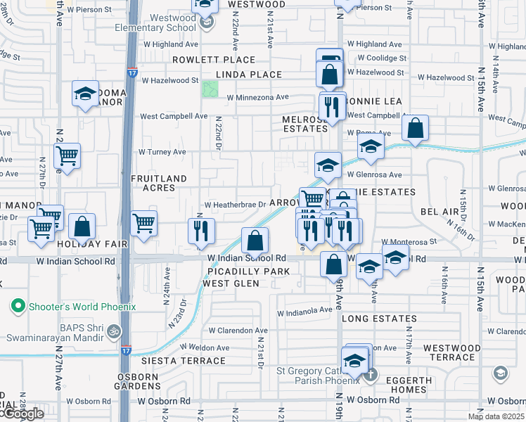 map of restaurants, bars, coffee shops, grocery stores, and more near 2111 West Heatherbrae Drive in Phoenix