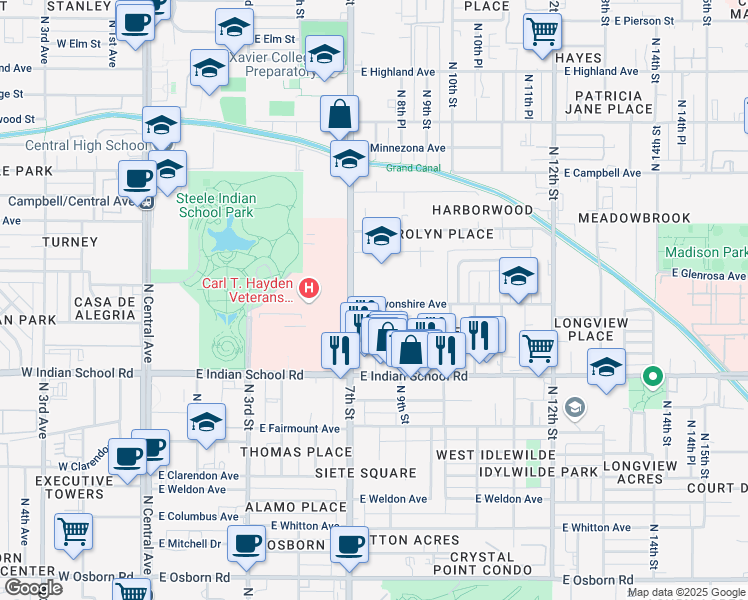 map of restaurants, bars, coffee shops, grocery stores, and more near 724 East Devonshire Avenue in Phoenix