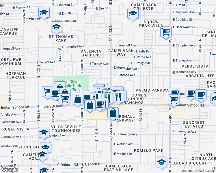 map of restaurants, bars, coffee shops, grocery stores, and more near 3139 East Glenrosa Avenue in Phoenix