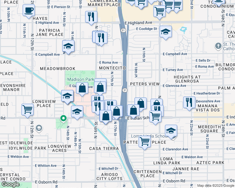 map of restaurants, bars, coffee shops, grocery stores, and more near 1735 East Glenrosa Avenue in Phoenix