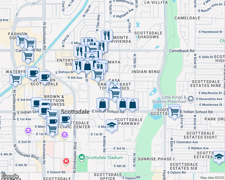 map of restaurants, bars, coffee shops, grocery stores, and more near 4273 North Miller Road in Scottsdale