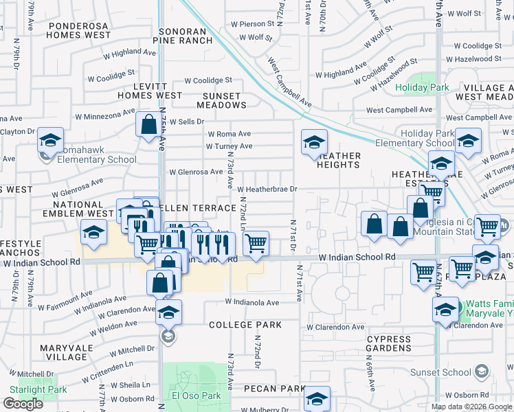 map of restaurants, bars, coffee shops, grocery stores, and more near 7232 West Westview Drive in Phoenix