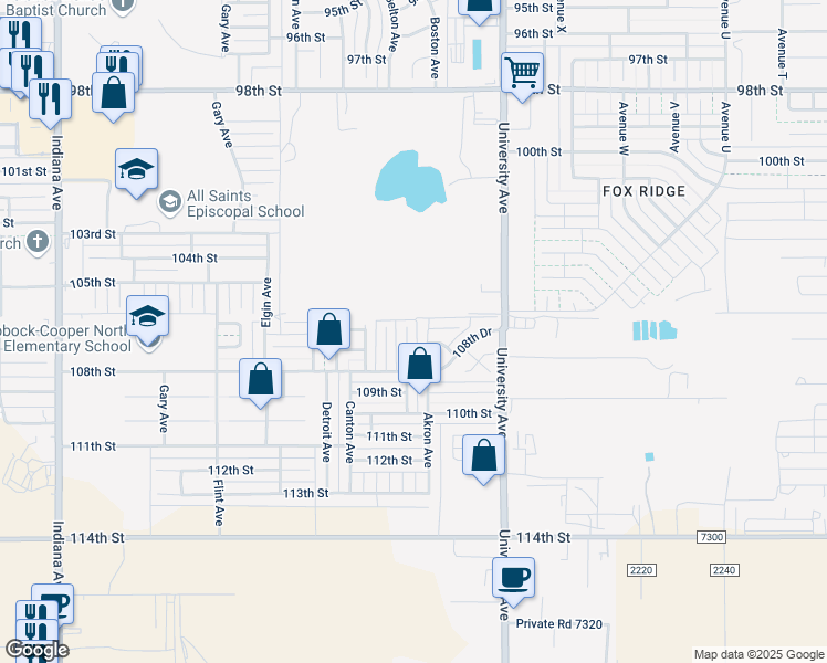 map of restaurants, bars, coffee shops, grocery stores, and more near 10601 Belton Avenue in Lubbock