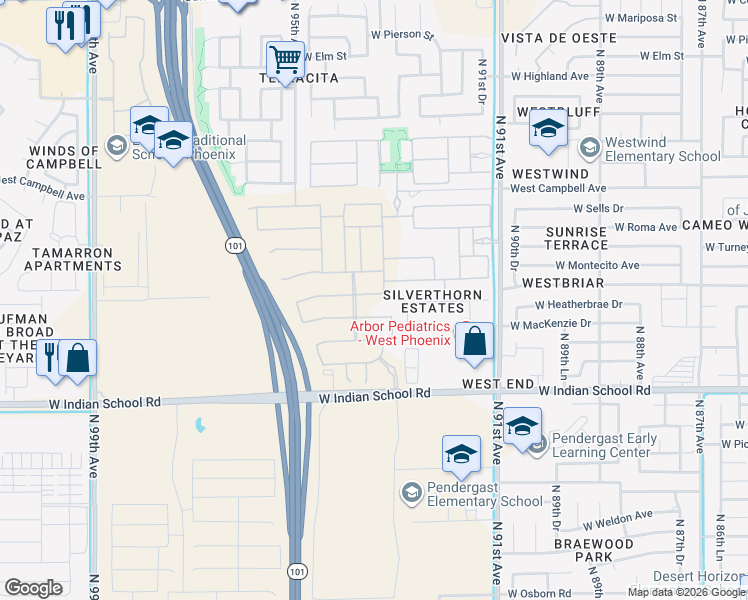 map of restaurants, bars, coffee shops, grocery stores, and more near 9324 West Glenrosa Avenue in Phoenix