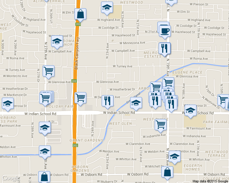 map of restaurants, bars, coffee shops, grocery stores, and more near 2214 West Heatherbrae Drive in Phoenix