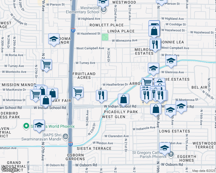 map of restaurants, bars, coffee shops, grocery stores, and more near 2214 West Heatherbrae Drive in Phoenix