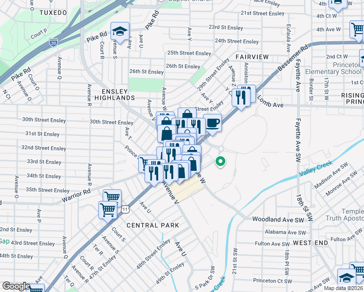 map of restaurants, bars, coffee shops, grocery stores, and more near 3060 Ensley Avenue in Birmingham