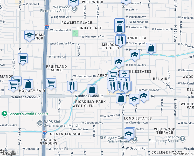 map of restaurants, bars, coffee shops, grocery stores, and more near 2102 West Heatherbrae Drive in Phoenix