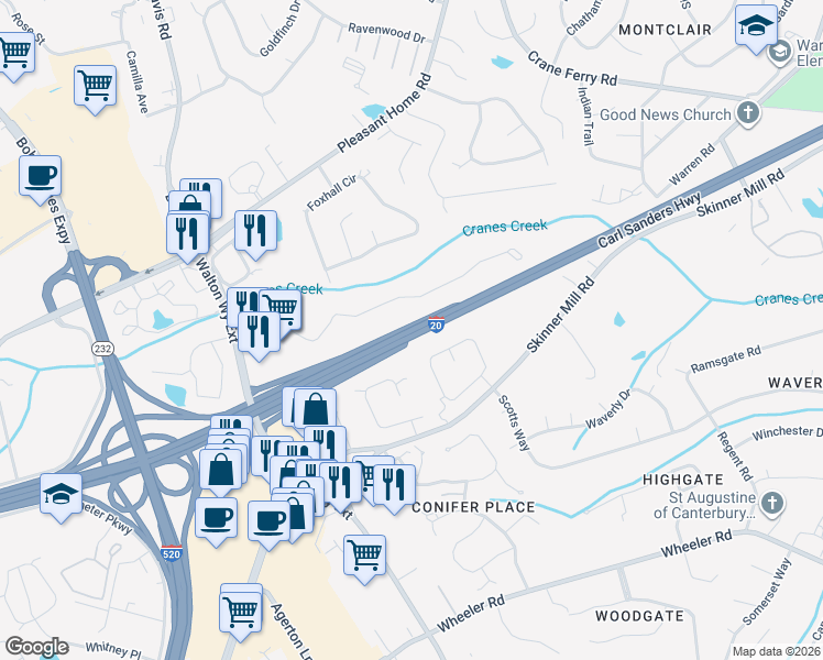 map of restaurants, bars, coffee shops, grocery stores, and more near Carl Sanders Highway in Augusta
