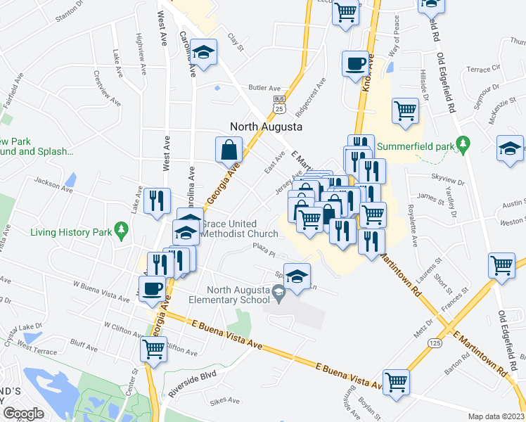 map of restaurants, bars, coffee shops, grocery stores, and more near 53 Woodlawn Lane in North Augusta