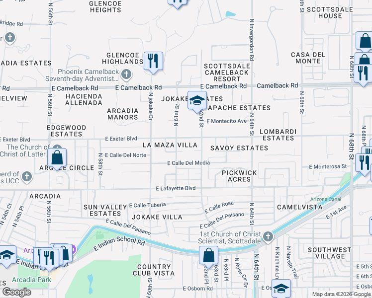 map of restaurants, bars, coffee shops, grocery stores, and more near 6101 East Exeter Boulevard in Scottsdale