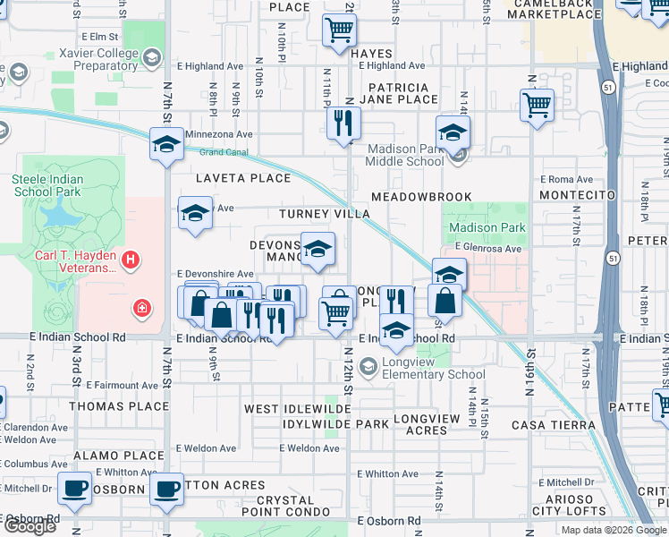 map of restaurants, bars, coffee shops, grocery stores, and more near 4241 North 11th Place in Phoenix