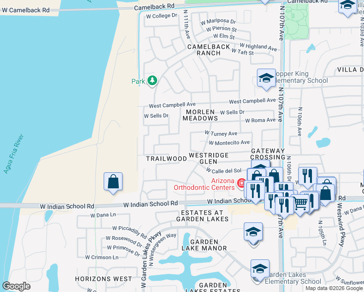 map of restaurants, bars, coffee shops, grocery stores, and more near 11112 West Montecito Avenue in Phoenix