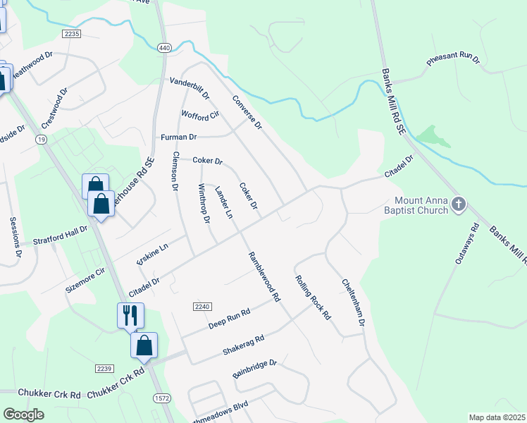 map of restaurants, bars, coffee shops, grocery stores, and more near 2 Coker Drive in Aiken