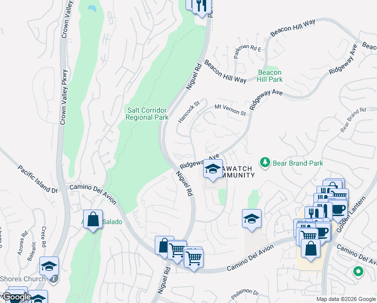 map of restaurants, bars, coffee shops, grocery stores, and more near 24 Kendall Street in Laguna Niguel