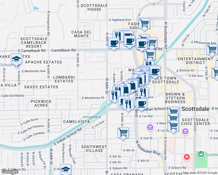 map of restaurants, bars, coffee shops, grocery stores, and more near 4237 North 68th Street in Scottsdale