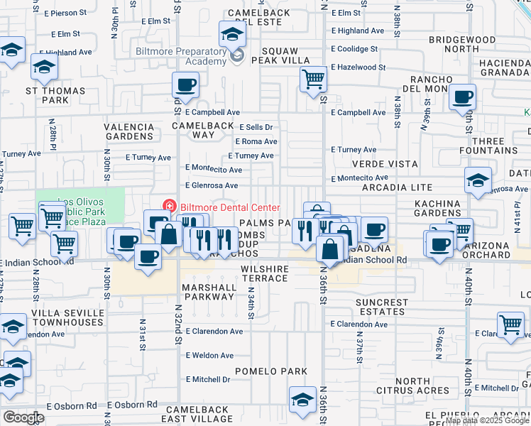 map of restaurants, bars, coffee shops, grocery stores, and more near 4230 North 34th Place in Phoenix