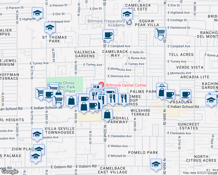 map of restaurants, bars, coffee shops, grocery stores, and more near 4227 North 32nd Street in Phoenix