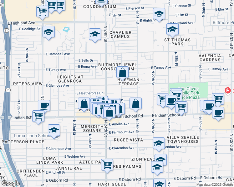 map of restaurants, bars, coffee shops, grocery stores, and more near 4242-4250 North 25th Street in Phoenix