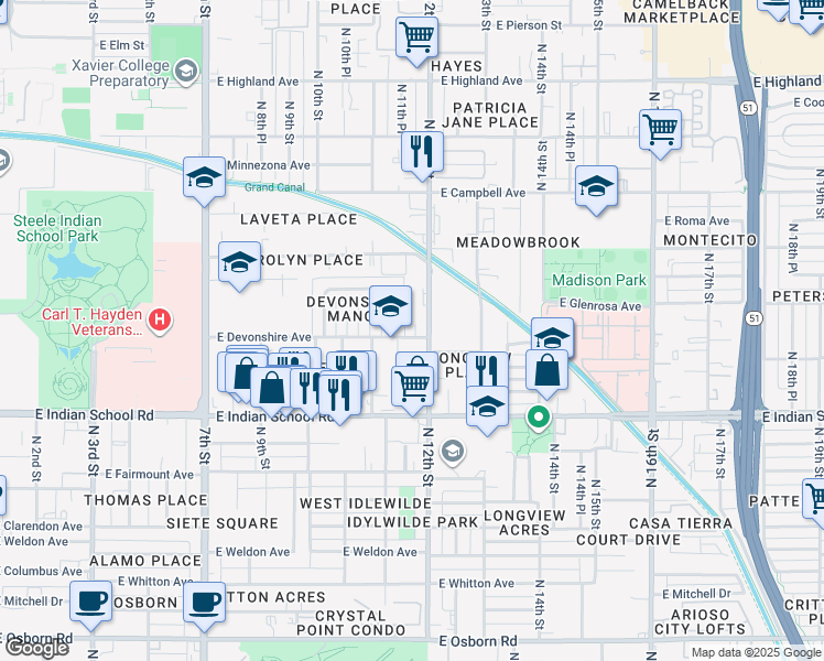 map of restaurants, bars, coffee shops, grocery stores, and more near 4241 North 11th Place in Phoenix