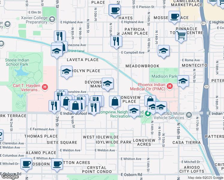 map of restaurants, bars, coffee shops, grocery stores, and more near 4241 North 11th Place in Phoenix