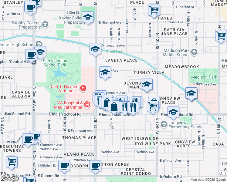 map of restaurants, bars, coffee shops, grocery stores, and more near 920 East Devonshire Avenue in Phoenix