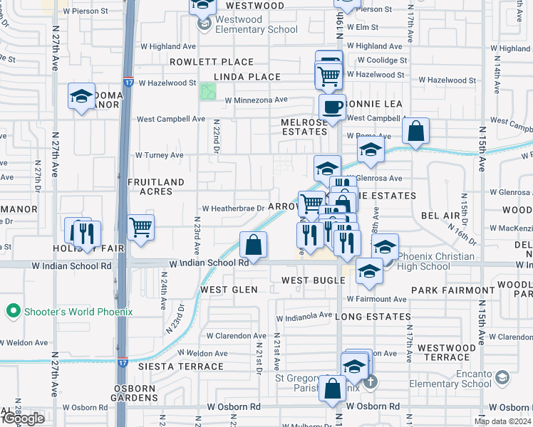 map of restaurants, bars, coffee shops, grocery stores, and more near 2102 West Heatherbrae Drive in Phoenix