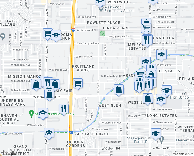 map of restaurants, bars, coffee shops, grocery stores, and more near 4227 North 23rd Avenue in Phoenix