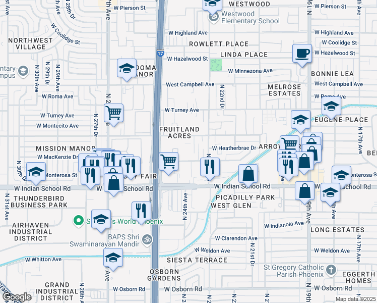 map of restaurants, bars, coffee shops, grocery stores, and more near 2333 West Glenrosa Avenue in Phoenix